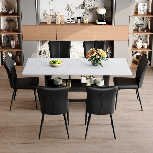 English Elm Table And Chair Set - Modern 71" White Grain Dining Table With Storage & 6 Black Stripe Chairs W1151S04268-GIGA