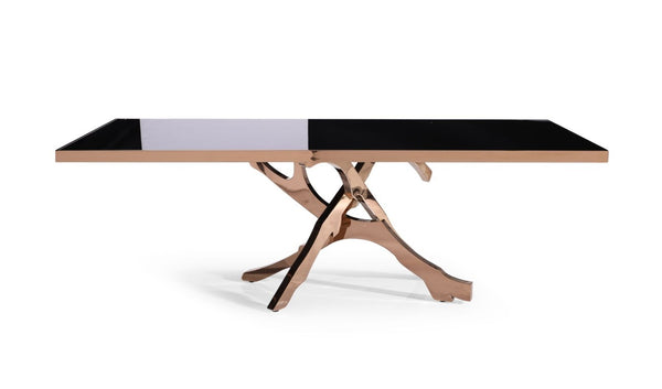 VIG Furniture Legend Sculptural Rose Gold Pedestal Dining Table With Tempered Black Glass Top, Seats 6–8, Luxe Centerpiece VGVCT8222-G22-BLK
