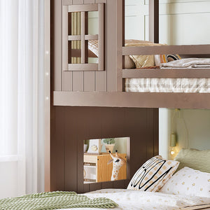 English Elm Twin Over Full Playhouse Bunk Bed with Slide Ladder Storage Shelves and Wardrobe Antique Natural W5305S00041