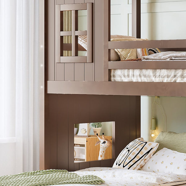 English Elm Twin Over Full Playhouse Bunk Bed with Slide Ladder Storage Shelves and Wardrobe Antique Natural W5305S00041