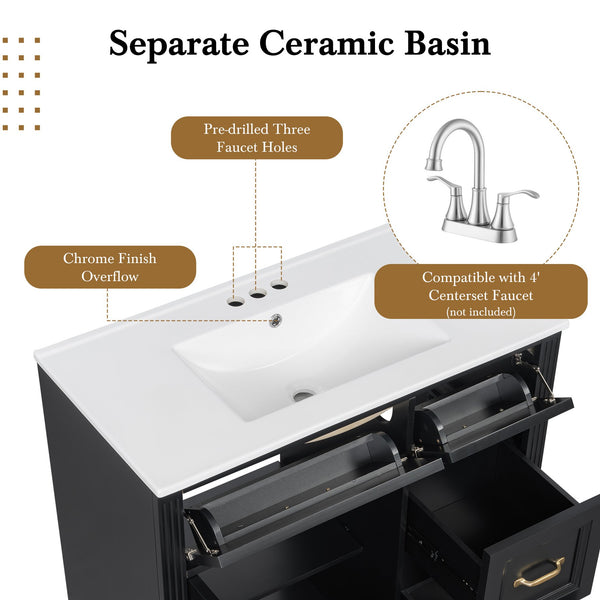 English Elm 36 Inch Bathroom Vanity With Sink & Soft-Close Drawers - Modern Black Cabinet For Smart Storage N725P336549B