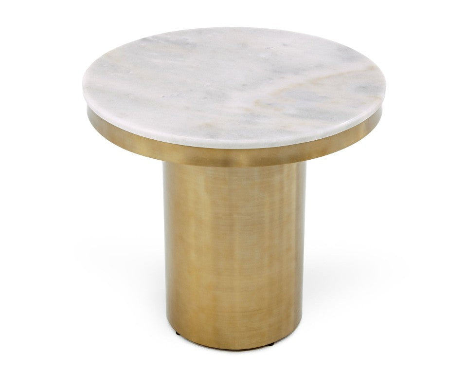 VIG Furniture Rocky Round White Stone Top End Table With Polished Gold Stainless Steel Base — Modern Glam Accent Piece VGGMM-ET-1360A