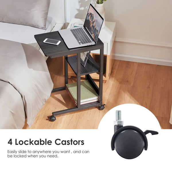 English Elm Shaped End Table with Lockable Wheels and Two-Tier Storage — C-Shape Rolling Side Table for Sofa Black,Oak T3623P409437