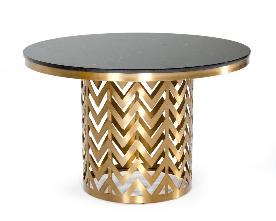 VIG Furniture Kowal Round Glam Black Marble Dining Table With Gold Geometric Pedestal Seats 6, Contemporary Luxe VGGMM-DT-1426
