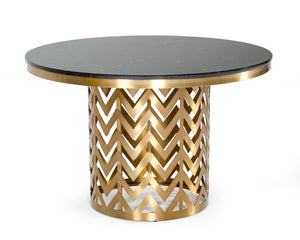 VIG Furniture Kowal Round Glam Black Marble Dining Table With Gold Geometric Pedestal Seats 6, Contemporary Luxe VGGMM-DT-1426