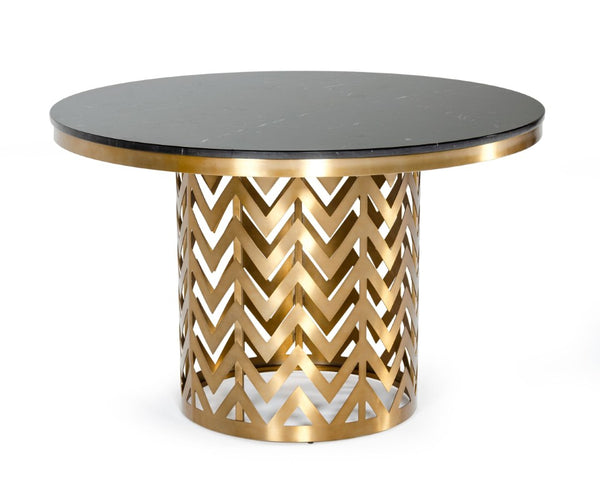 VIG Furniture Kowal Round Glam Black Marble Dining Table With Gold Geometric Pedestal Seats 6, Contemporary Luxe VGGMM-DT-1426