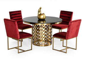 VIG Furniture Kowal Round Glam Black Marble Dining Table With Gold Geometric Pedestal Seats 6, Contemporary Luxe VGGMM-DT-1426