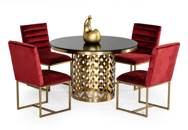 VIG Furniture Kowal Round Glam Black Marble Dining Table With Gold Geometric Pedestal Seats 6, Contemporary Luxe VGGMM-DT-1426