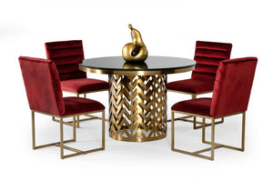 VIG Furniture Kowal Round Glam Black Marble Dining Table With Gold Geometric Pedestal Seats 6, Contemporary Luxe VGGMM-DT-1426