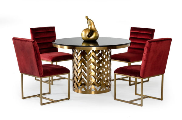 VIG Furniture Kowal Round Glam Black Marble Dining Table With Gold Geometric Pedestal Seats 6, Contemporary Luxe VGGMM-DT-1426