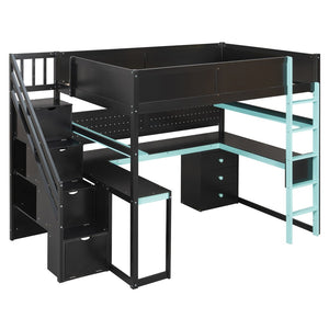 English Elm Full Size Gaming Loft Bed with Led Lighting Desk Shelves and Usb Charging Ports N820S00071C