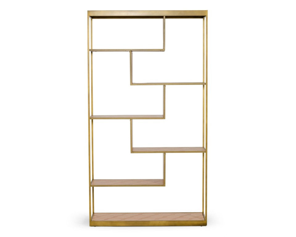 VIG Furniture Jessica Parquet Oak & Brass Bookshelf — Mid-Century Glam Staggered Shelves, 50 Lb Capacity, 79" Tall VGGMBK-1179-SHELF