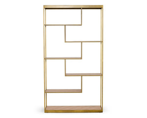 VIG Furniture Jessica Parquet Oak & Brass Bookshelf — Mid-Century Glam Staggered Shelves, 50 Lb Capacity, 79" Tall VGGMBK-1179-SHELF