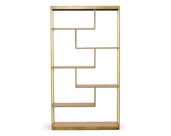 VIG Furniture Jessica Parquet Oak & Brass Bookshelf — Mid-Century Glam Staggered Shelves, 50 Lb Capacity, 79" Tall VGGMBK-1179-SHELF