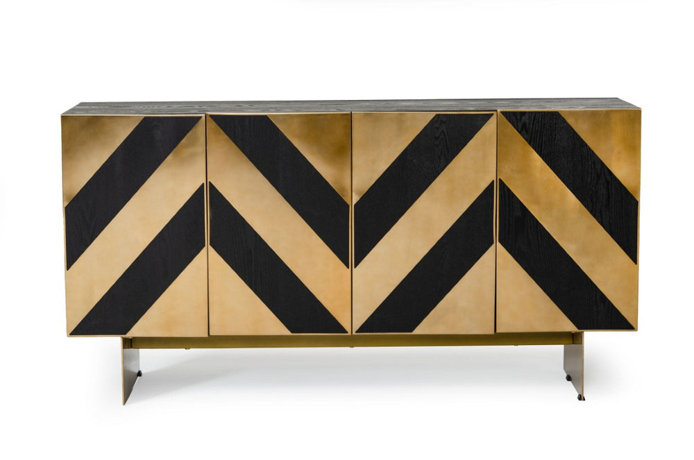 VIG Furniture Perret Black Ash Buffet With Brushed Brass Geometric Inlay — Modern Glam Storage, 63"W X 33"H VGGMW-1330A-BUFF
