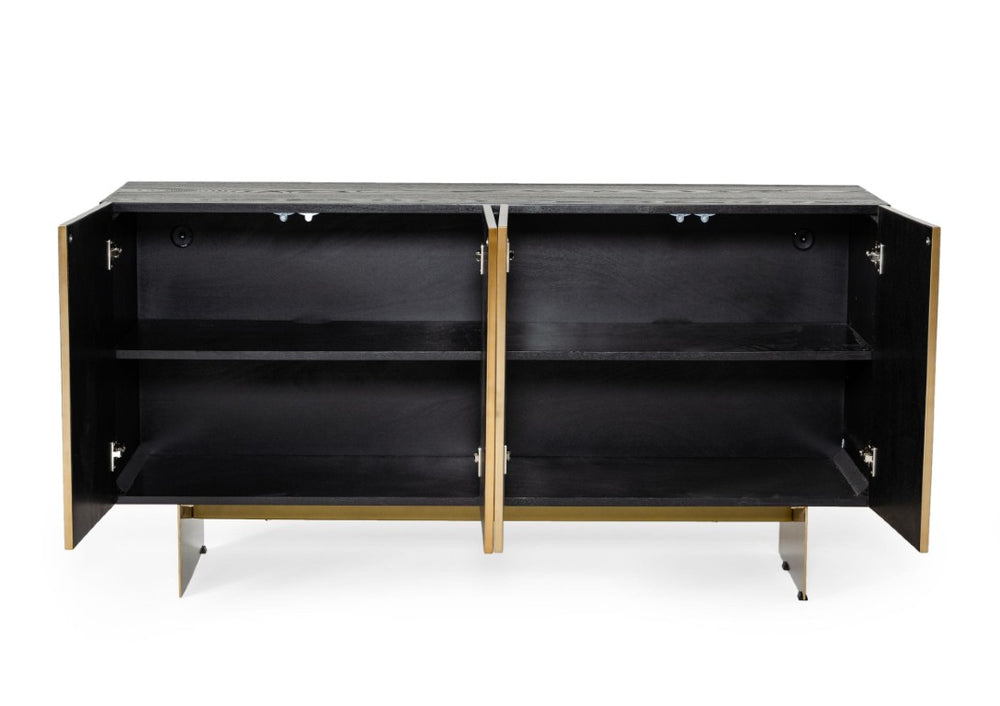 VIG Furniture Perret Black Ash Buffet With Brushed Brass Geometric Inlay — Modern Glam Storage, 63"W X 33"H VGGMW-1330A-BUFF