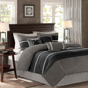 English Elm 7 Pc Luxury Faux Suede Comforter Set In Black & Grey For Queen Beds - Complete Bedding Elegance B03596984