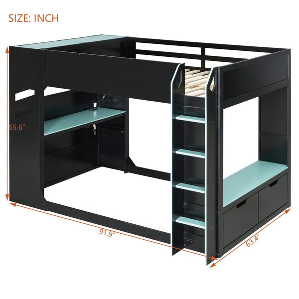 English Elm Full Size Loft Bed with Rgb Lighting Desk Drawers Hanging Rod Teen Bedroom Blue LT000288AAC-1