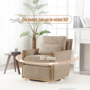 English Elm Corduroy Swivel Barrel Chair with Removable Cushion 360° Metal Base Sturdy Hardwood Frame Cozy Lounge Seat Camel W395P209394