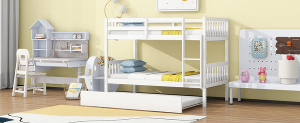 English Elm Twin Over Twin Bunk Bed With Trundle - Space-Saving, Convertible Design With Safety Guardrails, White Finish W504S00157-GIGA