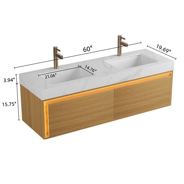 English Elm NYAH 60" Bathroom Vanity with Carrara White Sintered Stone Top, Dual Undermount Basins, LED Sensor Light, Soft-Close Drawers, Pre-Assembled Woodgrain Cabinet W2615S00368