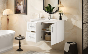 English Elm 36'' Wall Mounted Bathroom Vanity with Ceramic Sink, Solid Wood & MDF Floating Cabinet with Drawers White N710P293299K