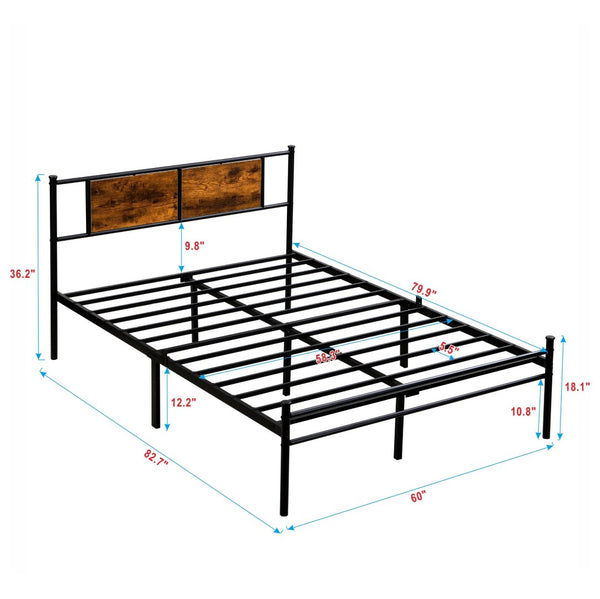 English Elm Queen Steel Bed Frame with Wood Panel Headboard Modern Matte Black Bedroom Design W2297P281497