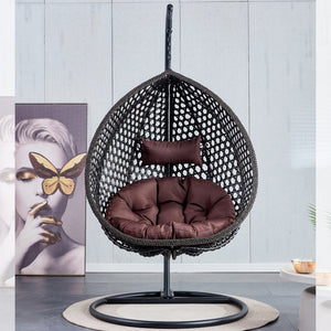 English Elm 76.8-inch Hand Woven Rattan Egg Swing Chair Indoor Outdoor with Cushion Lumbar Pillow Black W1512P498596