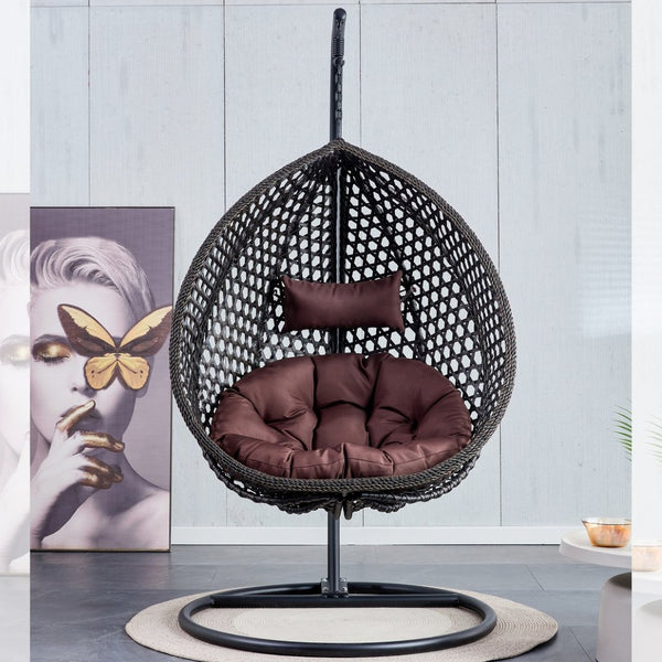 English Elm 76.8-inch Hand Woven Rattan Egg Swing Chair Indoor Outdoor with Cushion Lumbar Pillow Black W1512P498596