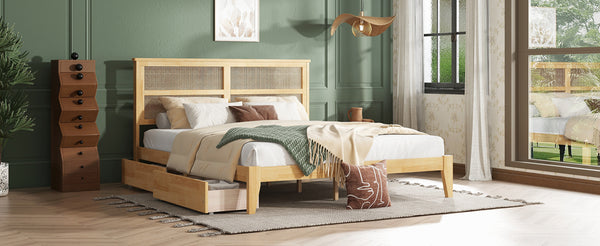 English Elm King Rattan Bed with Two Under-Storage Drawers, Rubberwood Slats, Durable 600 lb Capacity Frame White Oak W504S00229