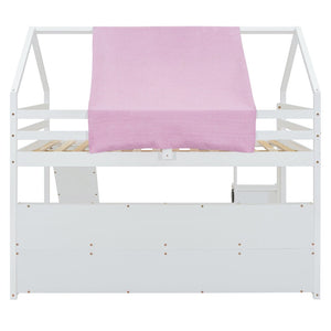 English Elm Full Size Kids House Loft Bed Pinewood Frame with Tent Slide and Play Storage White LT000683AAK
