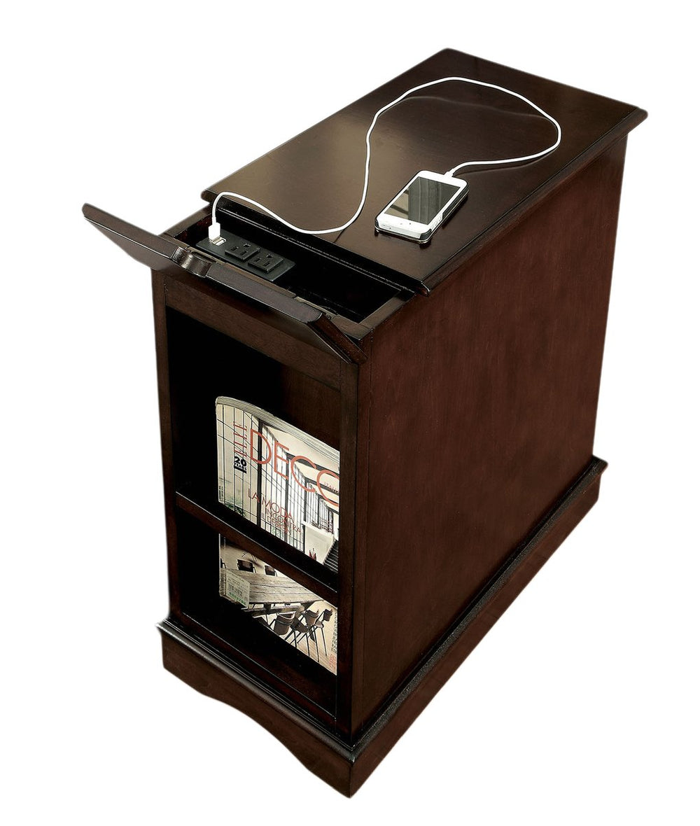 English Elm Transitional Side Table with Built-In USB & Power Dock, Pull-Out Cup Holder and Spacious Cabinet Storage Cherry 15 L x 27 W x 26 H B2741P341685