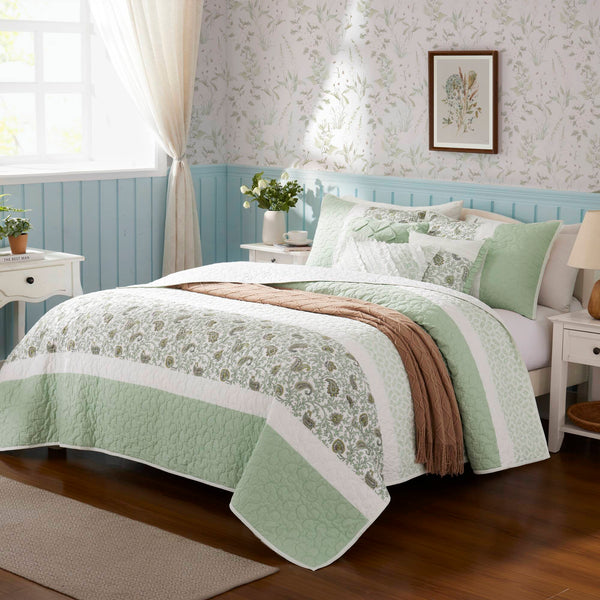 English Elm 6 Cotton Percale Quilt Set Full/Queen with 3 Decorative Pillows Breathable Printed Cotton Blend Comfort Sage Green 22.83 L x 17.72 W x 7.09 H B035P294112