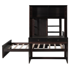 English Elm Twin Loft Bed System with Wardrobe Desk and Shelving for Kids Shared Bedroom Espresso LT000820AAP-1