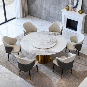 English Elm 59" Round Sintered Stone Dining Table Built-in Lazy Susan Seats Four Modern W2699S00094