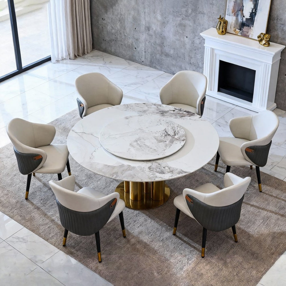 English Elm 59" Round Sintered Stone Dining Table with Lazy Susan Seats 6 Modern Faux Marble W2699S00095