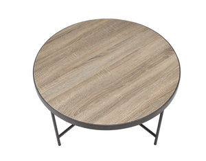 English Elm Bage Weathered Gray Oak Round Coffee Table with Metal Trim & X-Leg Support — Industrial Chic B2726P281462