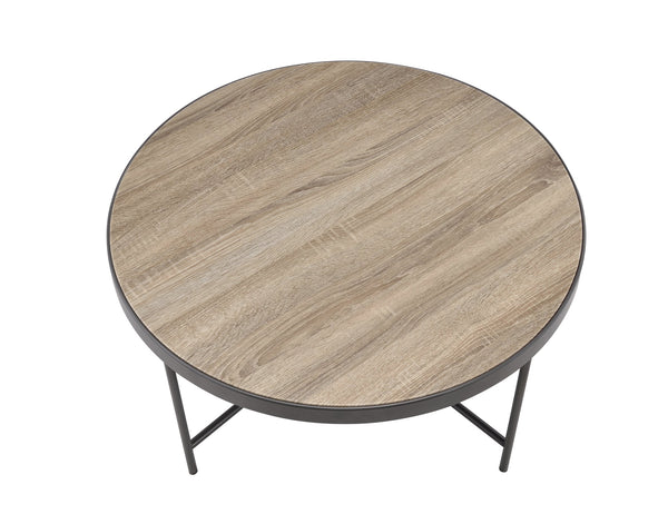 English Elm Bage Weathered Gray Oak Round Coffee Table with Metal Trim & X-Leg Support — Industrial Chic B2726P281462