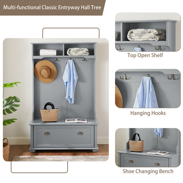 English Elm Modern Classic Hall Tree with Solid Poplar Feet, Double Hooks, Shoe Bench & Antique Hardware Organizer Gray W2275P210039