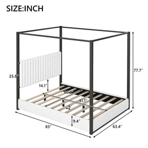 English Elm Queen Velvet Upholstered Canopy Bed White Metal 4 Poster Frame No Box Spring GX001031AAB