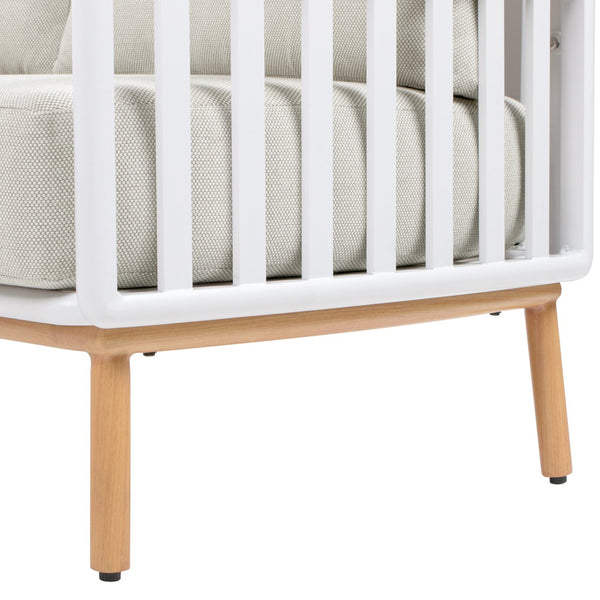 English Elm Jennifer Taylor Home - Calarono Teak & Aluminum 2pc Outdoor Sofa + Coffee Table Set in Sand Dune Chenille — Durable, UV‑Resistant Comfort and Modern Slatted Design B2719P320845