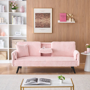 English Elm Minimalist Corduroy Reclining Sofa with Convertible Flat Sleeper and Cup Holder Pink W3356P421779