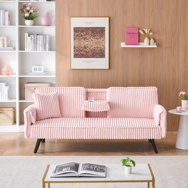 English Elm Minimalist Corduroy Reclining Sofa with Convertible Flat Sleeper and Cup Holder Pink W3356P421779