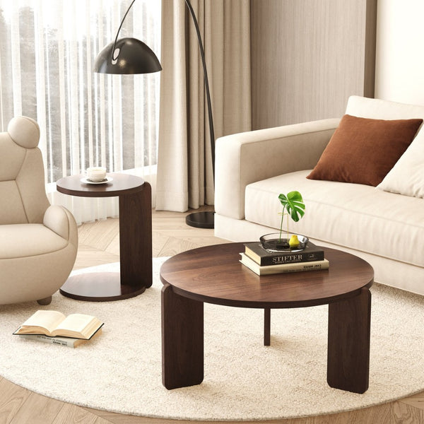 English Elm 32.68 Inch Black Oak Veneer Nesting Round Coffee Table Set for Modern Living Rooms W2899P435700