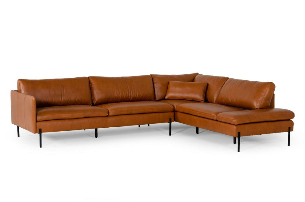 VIG Furniture Sherry Modern Cognac Leather Sectional Sofa Raf — Genuine Leather, Pillow Arms, Solid Frame, 115" VGKKKF.1061Z-CGN-RAF-SECT