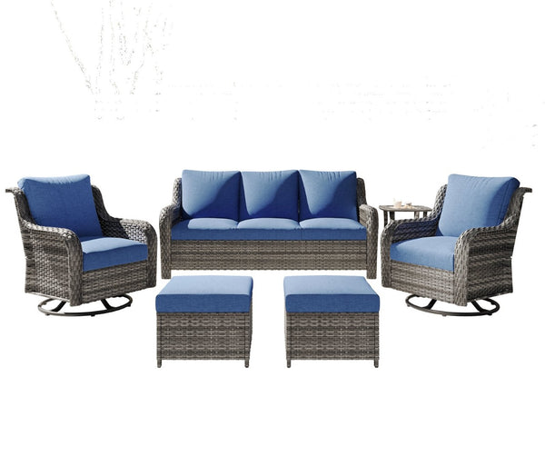 English Elm Tl Seven Piece Outdoor Pe Rattan Patio Set with Swivel Chairs Footstools and Side Table T5925S00006