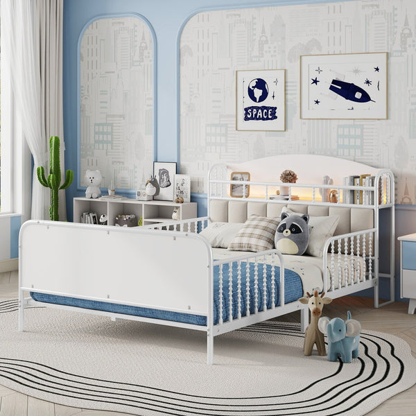 English Elm Full Solid Wood Kids Platform Bed with Guardrail, Low-Profile Durable Pine & MDF, 350LB Capacity White 58.27 L x 16.93 W x 9.65 H W2593P337441
