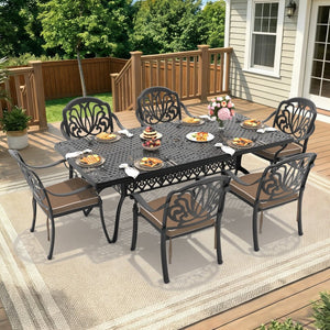 English Elm 7-piece Cast Aluminum Outdoor Dining Set with Ornate Relief Detail and Weather Resistant Cushions W1710S00605