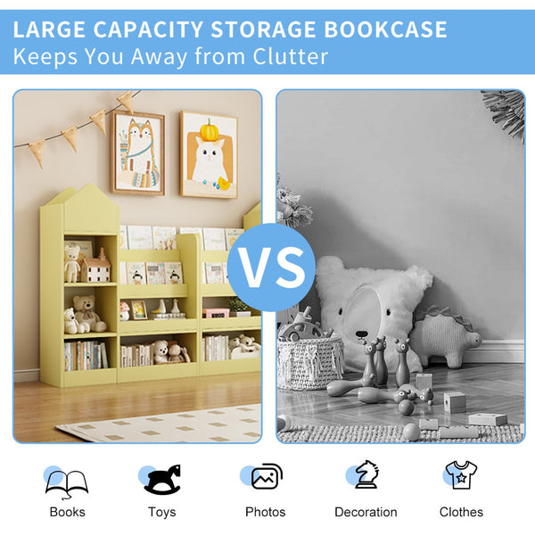 English Elm Yellow Kids Wooden Bookshelf Organizer with 6 Compartments, 2 Removable Bins, Sturdy MDF, Playroom Storage W2876P233555