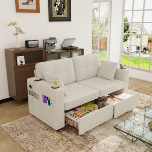 English Elm Sofas for Living Room Chenille Three Seat Couch with Usb Charging Storage and Cup Holder Beige W395S00142